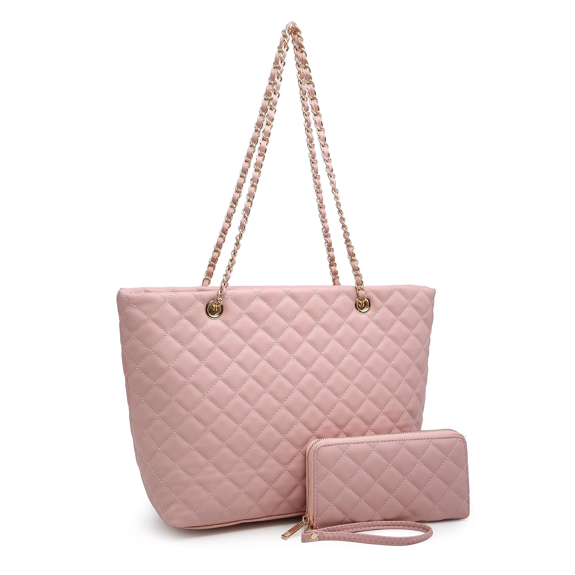 Quilted Women Tote Bag Satchel Wallet Set 2Pcs Chain Strap Shoulder Bag 