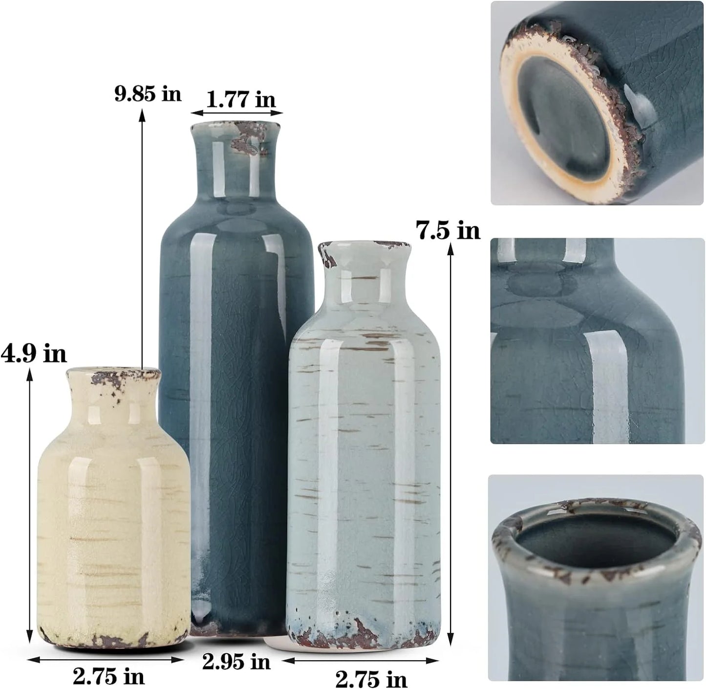 Rural Retro Ceramic Vase 3-Piece Set, Home Decoration Green Grey Blue.