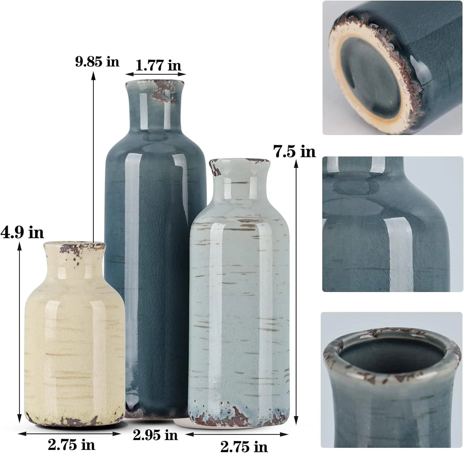 Rural Retro Ceramic Vase 3-Piece Set, Home Decoration Green Grey Blue.