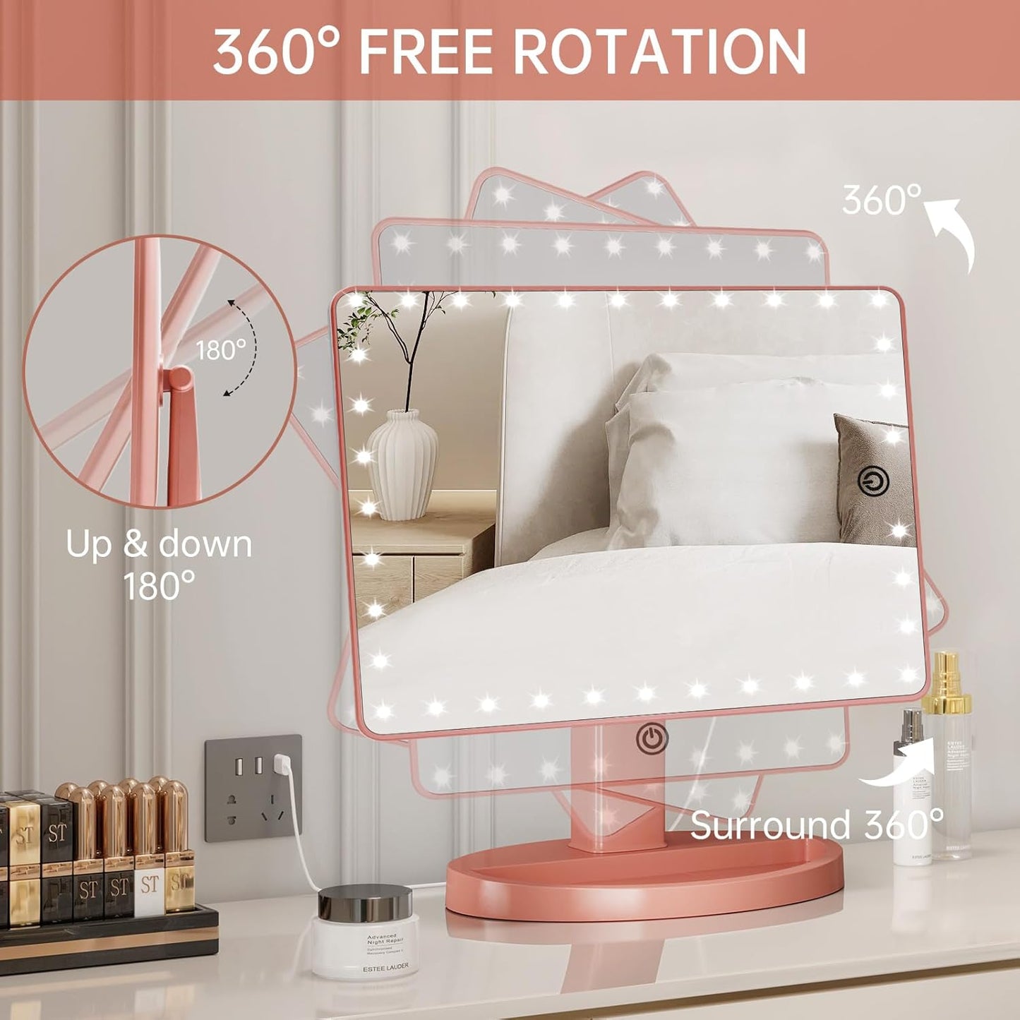 Large Lighted Makeup Mirror with Lights, Light up Mirror with Small 10X Magnification for Desk, 360°Rotation Touch Screen,Brightness Adjustable Tabletop Cosmetic Vanity Make up Mirror