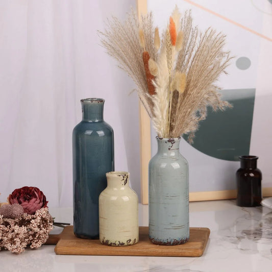 Rural Retro Ceramic Vase 3-Piece Set, Home Decoration Green Grey Blue.