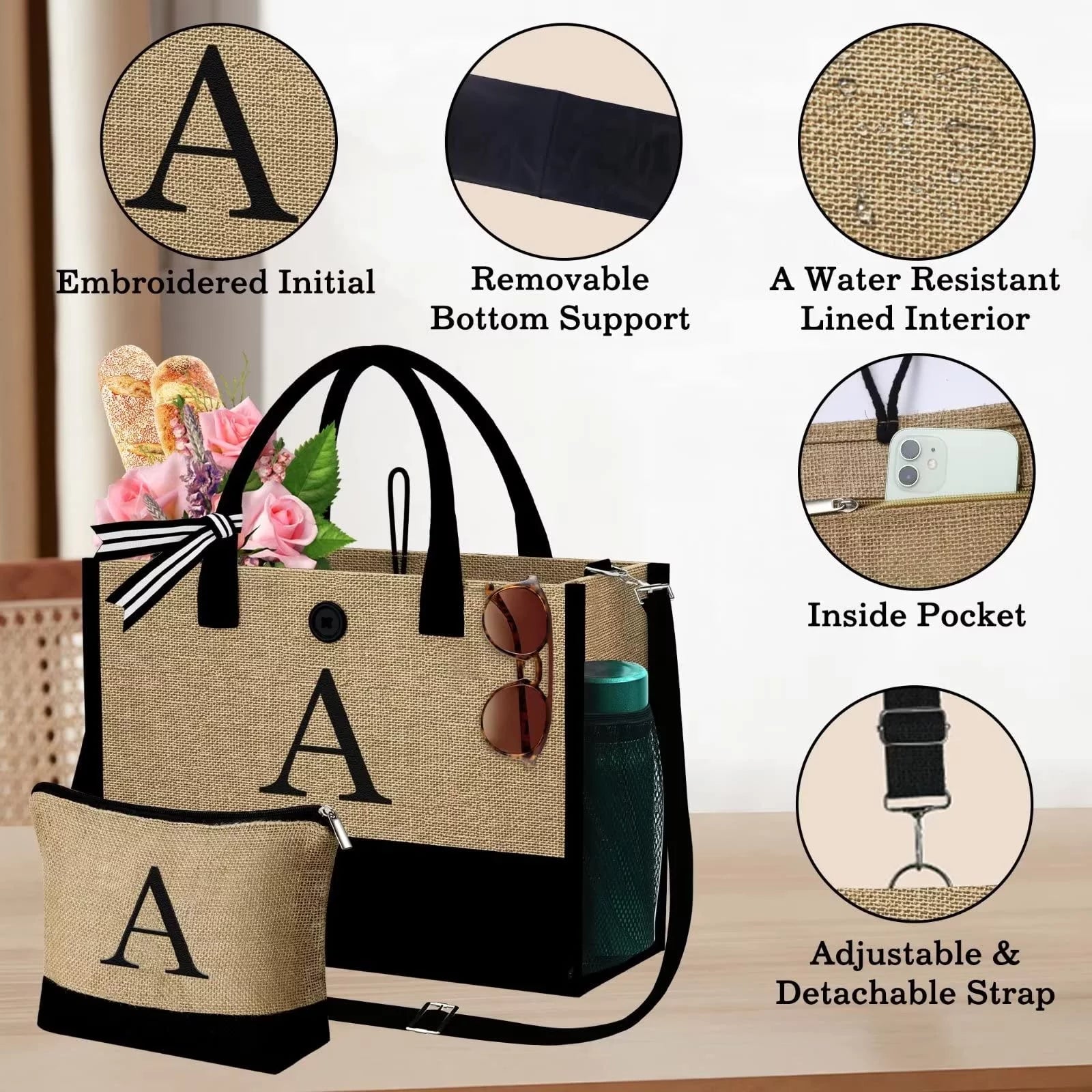 Initial Jute Tote Bag with Makeup Bag Beach Bag with Pockets Adjustable Strap Mothers Day Birthday Gifts for Her