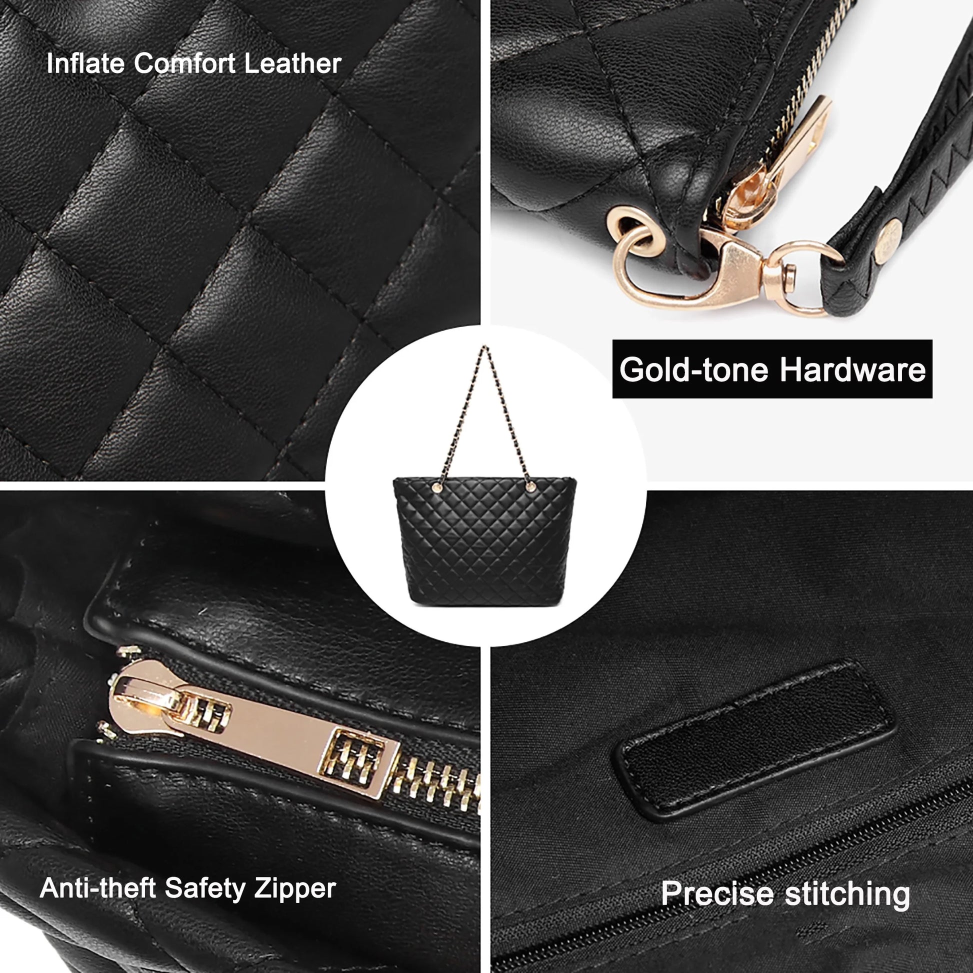 Quilted Women Tote Bag Satchel Wallet Set 2Pcs Chain Strap Shoulder Bag 