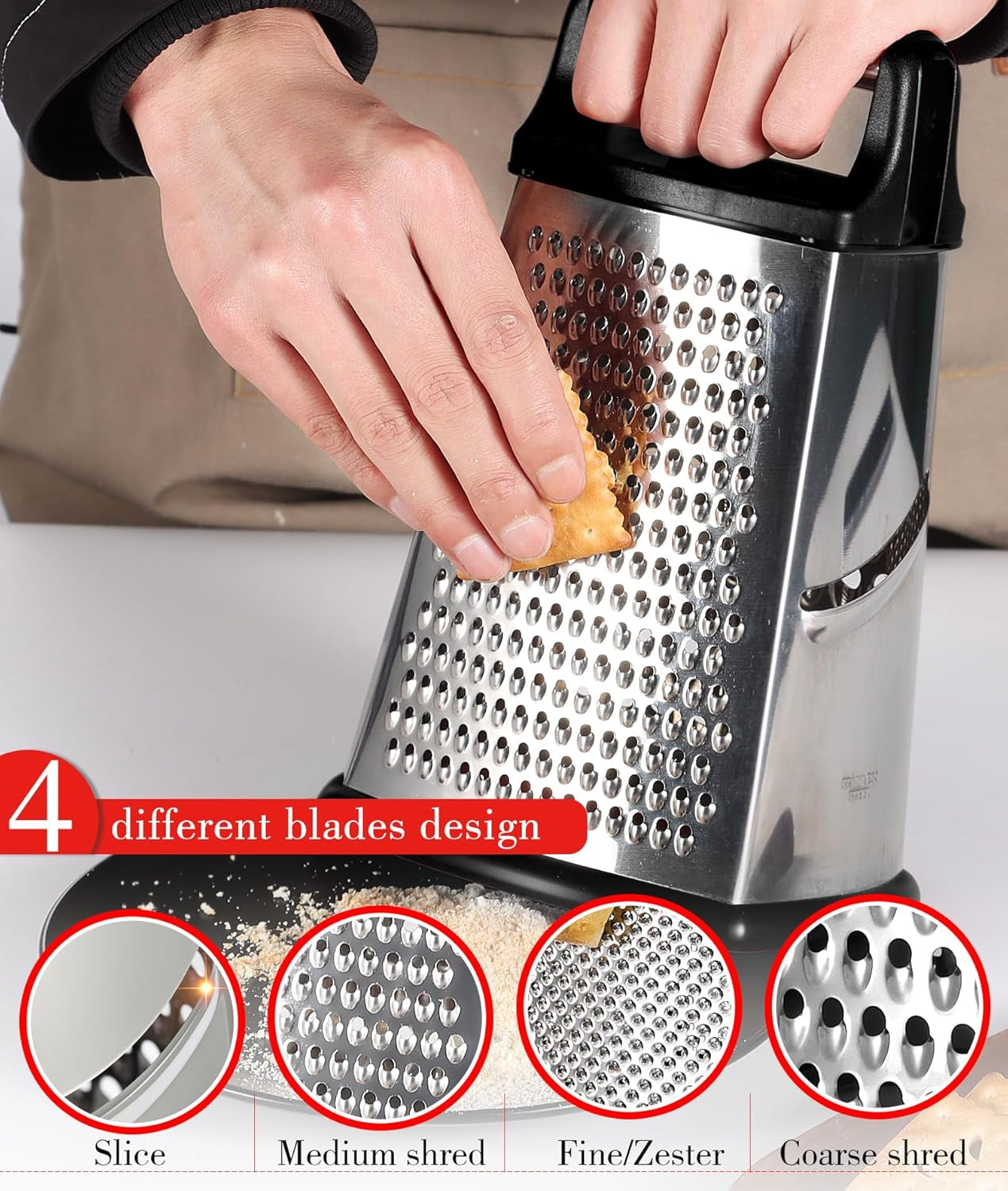 Cheese Grater with Handle, Stainless Steel Box Grater, 4 Side Vegetable Shredder Slicer.