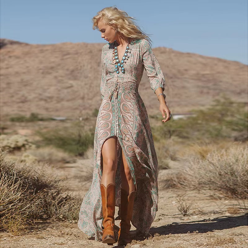 Boho Long Dress Vintage 2023 Floral Print Chiffon Three Quarter Sleeve V-Neck Summer Gypsy Hippie 
