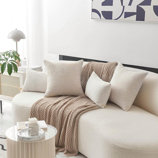 Solid Cream Throw Pillows Covers 18 X 18 Striped Corduroy Plush Velvet Cushion Cover 18X18 (45Cm)