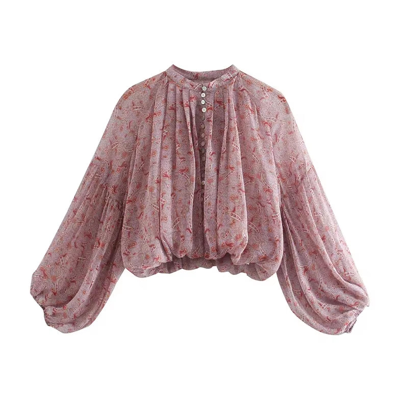 Puff Long Sleeve Boho Blouse Shirt for Women Vintage Chiffon Red Floral Print Autumn Crop Top Ladies Blusas Mujer 2024
