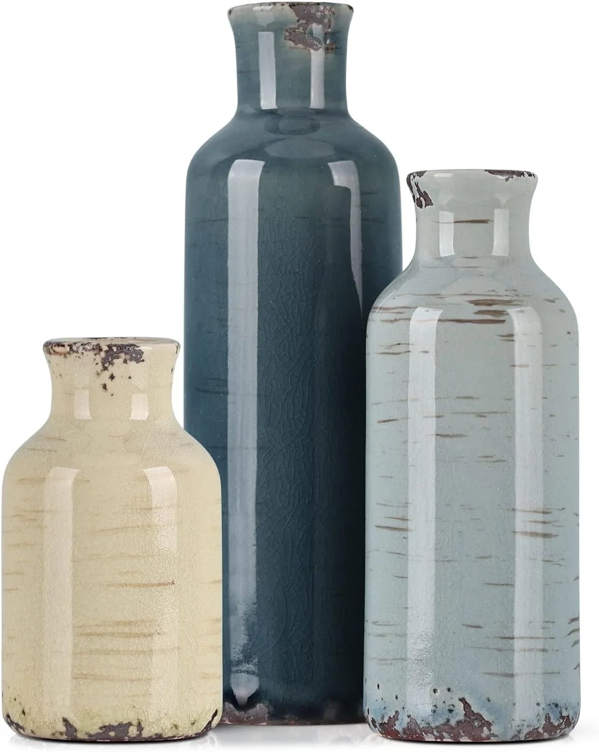 Rural Retro Ceramic Vase 3-Piece Set, Home Decoration Green Grey Blue.
