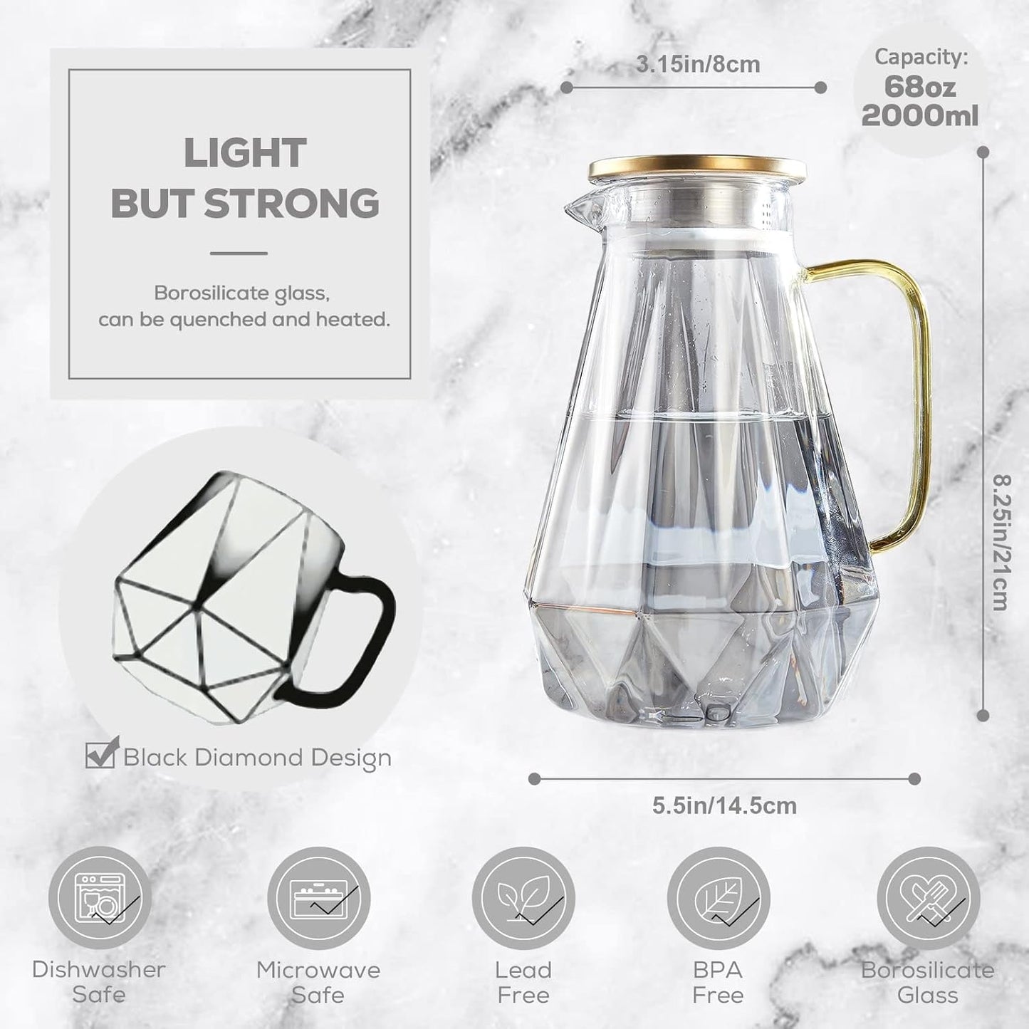 Black Diamond Glass Pitcher with Lid [68 Oz], Elegant Design Water Pitcher with Handle, for hot or cold.