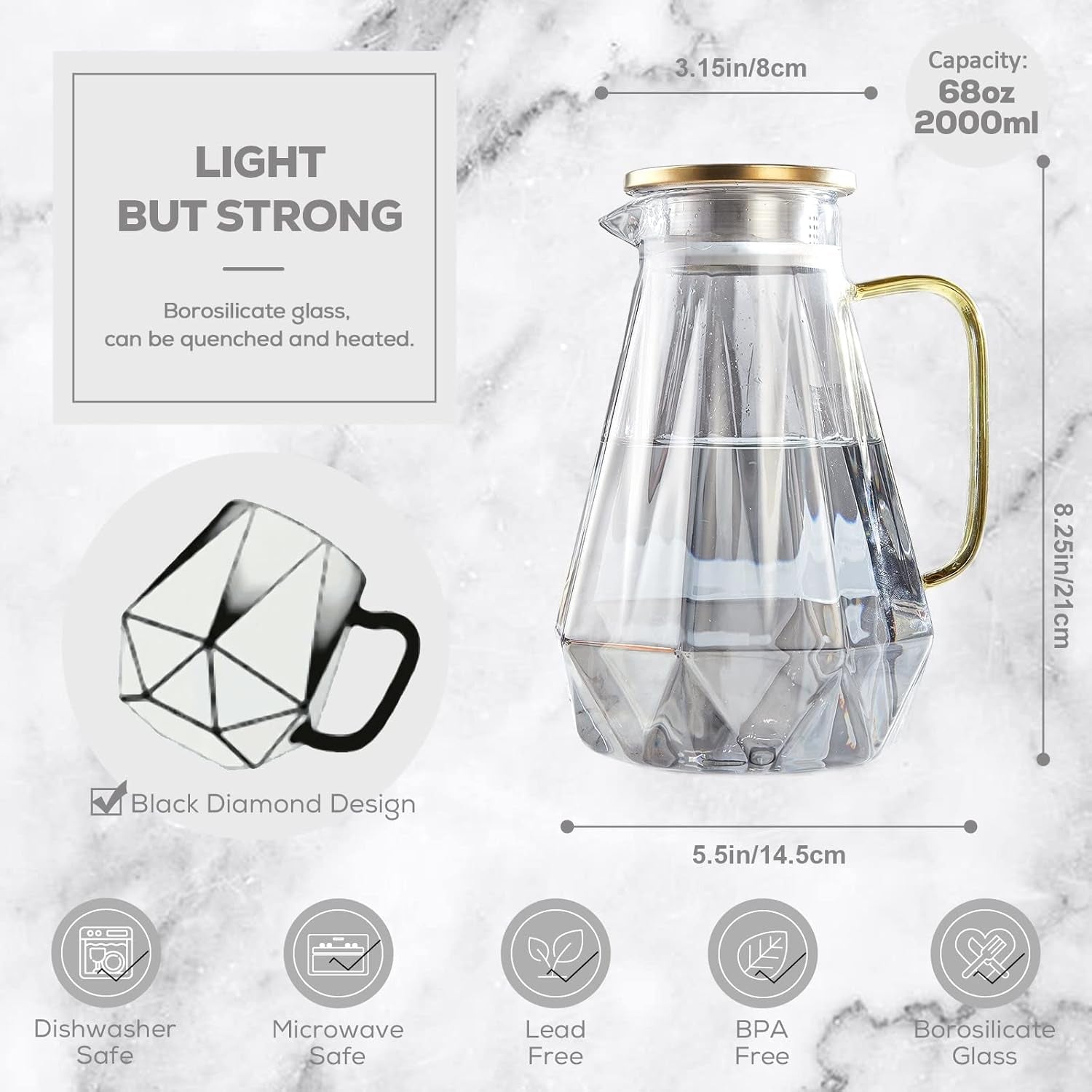 Black Diamond Glass Pitcher with Lid [68 Oz], Elegant Design Water Pitcher with Handle, for hot or cold.