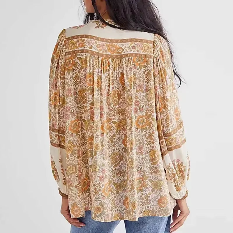 Super Chic Boho Blouse for Women, Floral Print Buttons V-Neck Tassel  Blouse Autumn Long Sleeve
