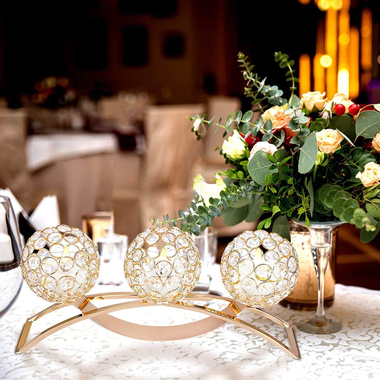 Crystal Candle Holders,3 Crystal Pillar Candlestick,Coffee Table Decorative Centerpieces for Living Room,Dinning Room Christmas Decoration, Table Decoration,Wedding Gifts(Gold)