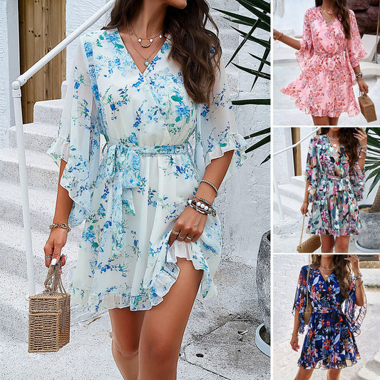 Summer Floral Print Dress, Lace up Ruffles Sleeves