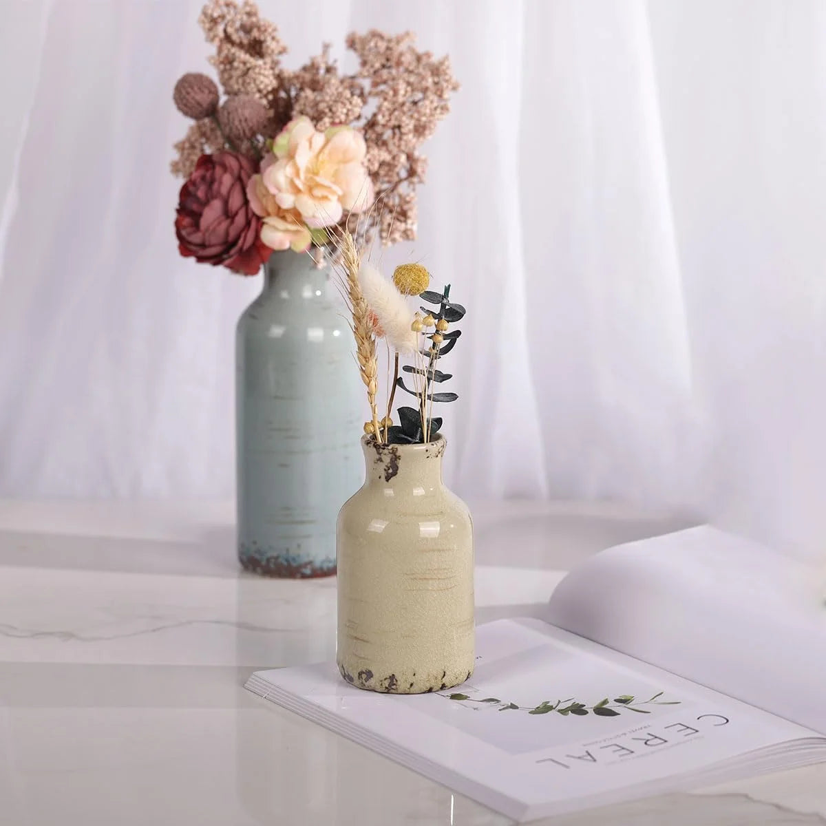 Rural Retro Ceramic Vase 3-Piece Set, Home Decoration Green Grey Blue.