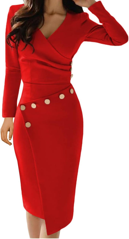 Deep V Neck Cocktail Party Pencil Midi Dress