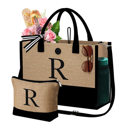 Initial Jute Tote Bag with Makeup Bag Beach Bag with Pockets Adjustable Strap Mothers Day Birthday Gifts for Her
