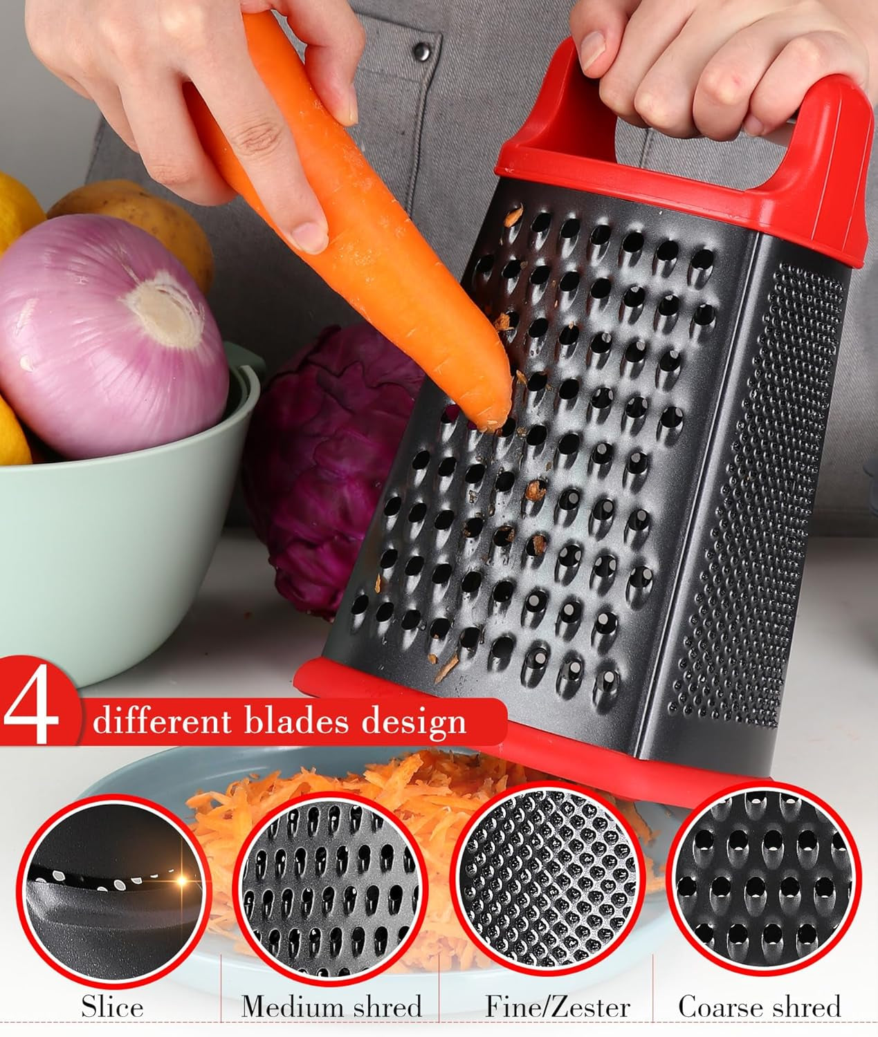 Cheese Grater with Handle, Stainless Steel Box Grater, 4 Side Vegetable Shredder Slice.