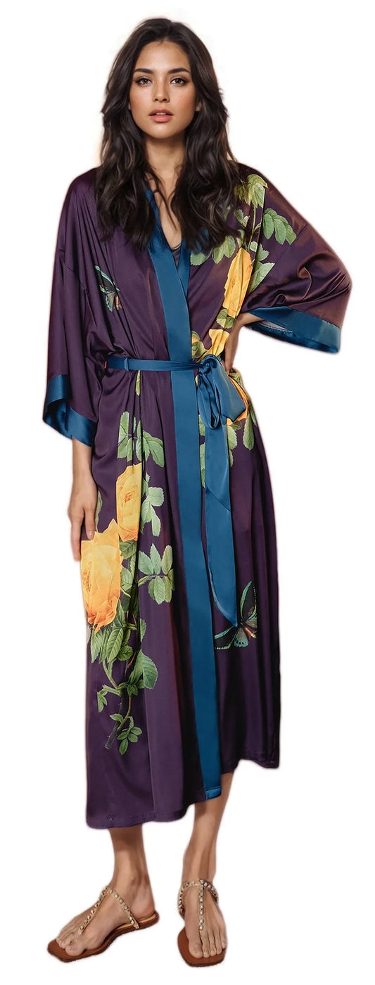 Long Silk Kimono Robes Lightweight Silky Satin Floral 