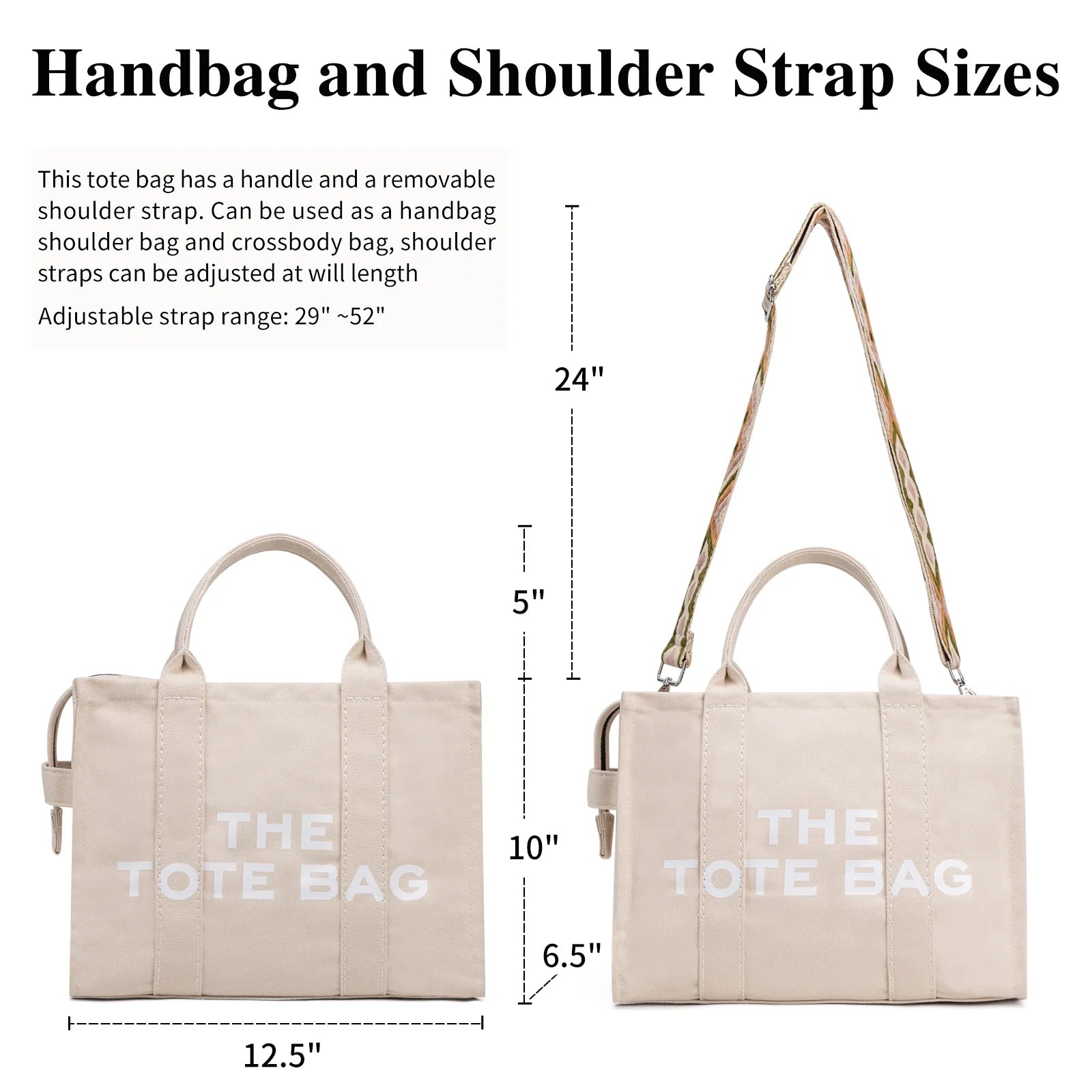 Canvas Tote Bag with Zipper, Crossbody Handbag 
