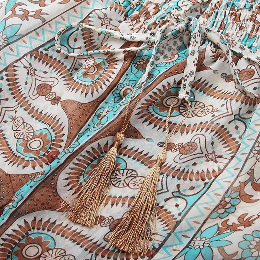 Boho Long Dress Vintage 2023 Floral Print Chiffon Three Quarter Sleeve V-Neck Summer Gypsy Hippie 