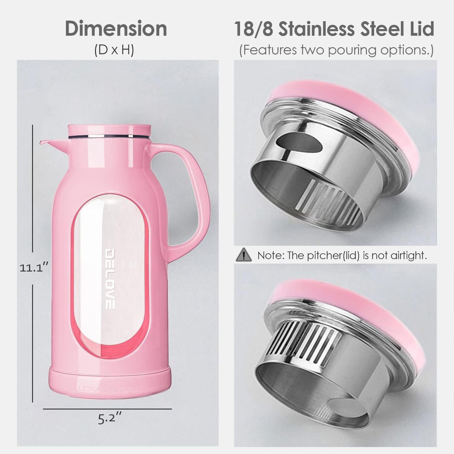 68 Oz/2 Liter Glass Pitcher with Shatterproof Shell - Heat Resistant Glass Liner - Stainless Steel Lid - Carafe & Jug for Iced Tea,Hot/Cold Water,Homemade Juice Beverages (Pink)