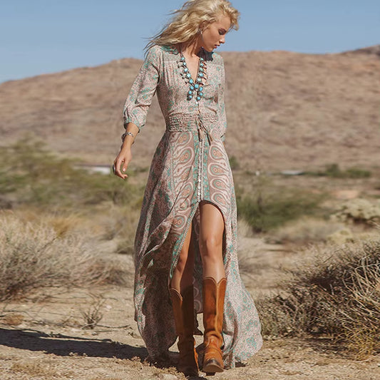 Boho Long Dress Vintage 2023 Floral Print Chiffon Three Quarter Sleeve V-Neck Summer Gypsy Hippie 