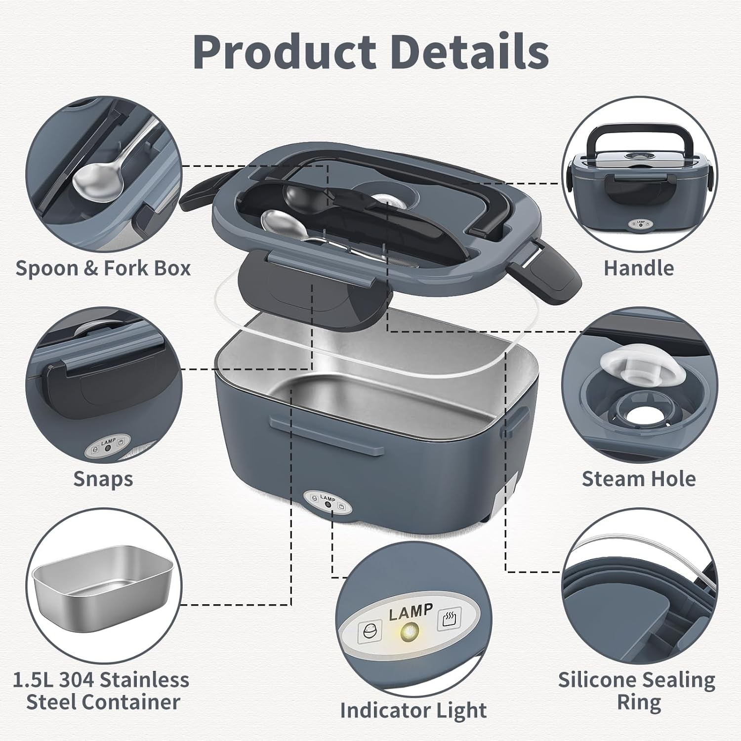 Electric Lunch Box, 3 in 1 Heated, Portable with 1.5L Removable Stainless Steel 