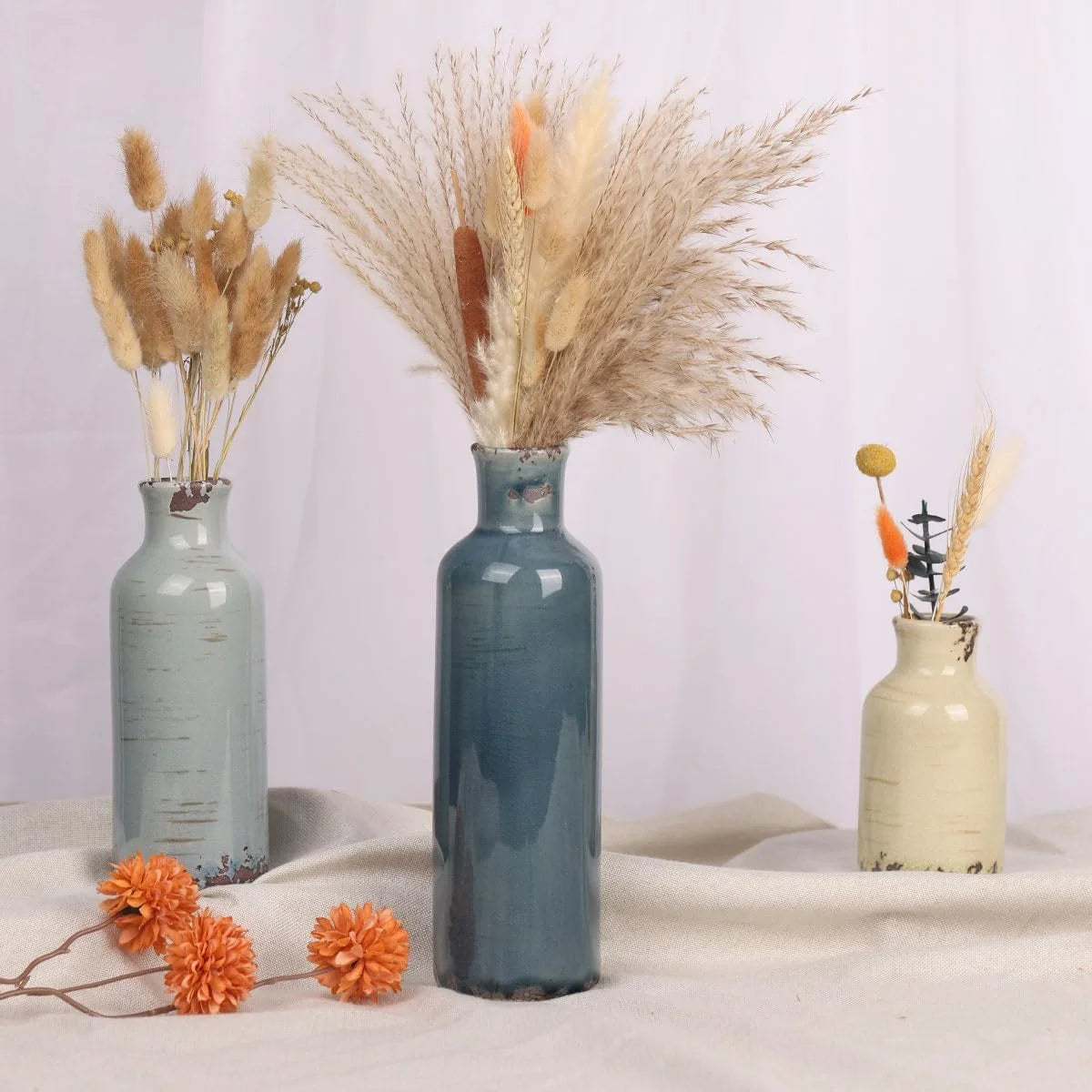 Rural Retro Ceramic Vase 3-Piece Set, Home Decoration Green Grey Blue.