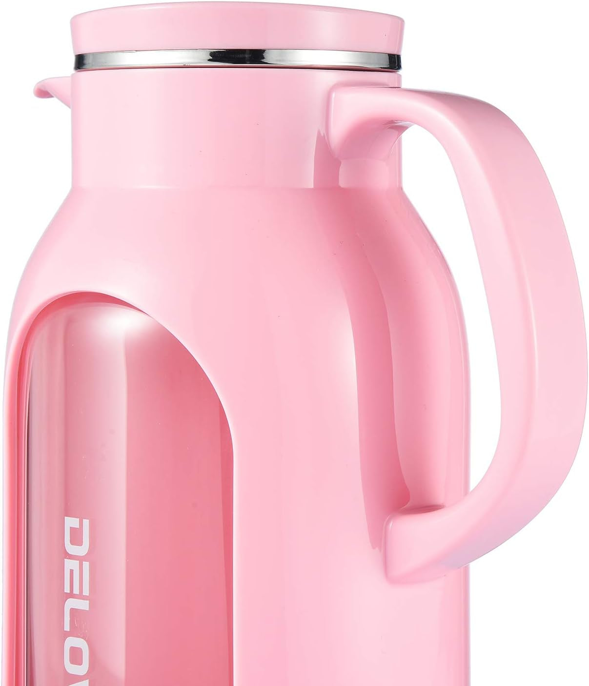 68 Oz/2 Liter Glass Pitcher with Shatterproof Shell - Heat Resistant Glass Liner - Stainless Steel Lid - Carafe & Jug for Iced Tea,Hot/Cold Water,Homemade Juice Beverages (Pink)