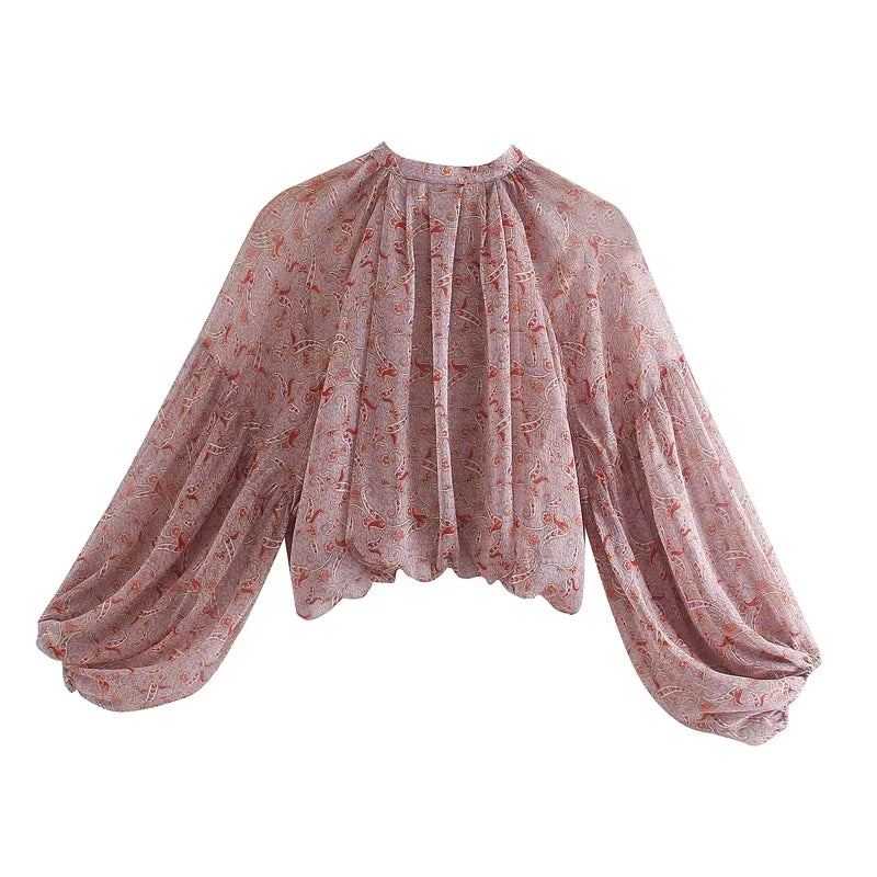 Puff Long Sleeve Boho Blouse Shirt for Women Vintage Chiffon Red Floral Print Autumn Crop Top Ladies Blusas Mujer 2024