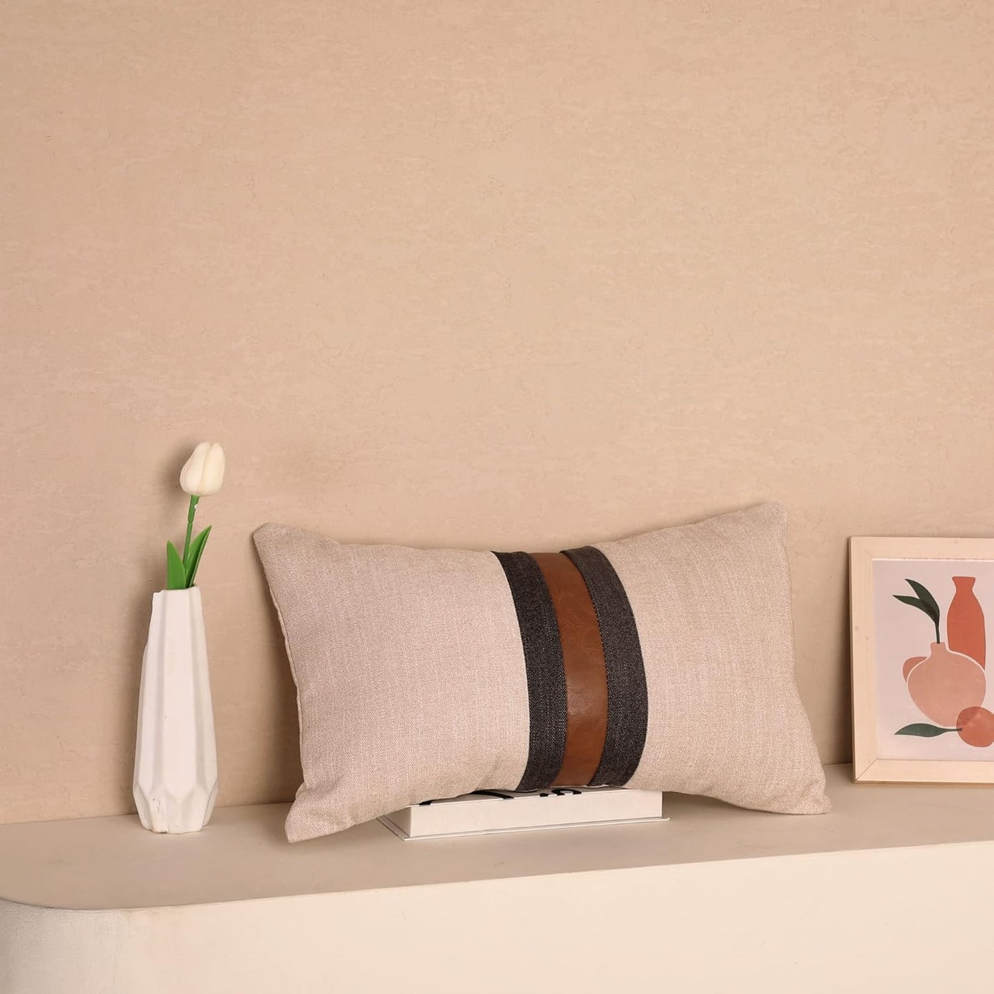 Farmhouse Decorative Outdoor Throw Pillow Covers Brown Faux Leather Accent Pillow Cover  12 X 20 Inch (Beige)