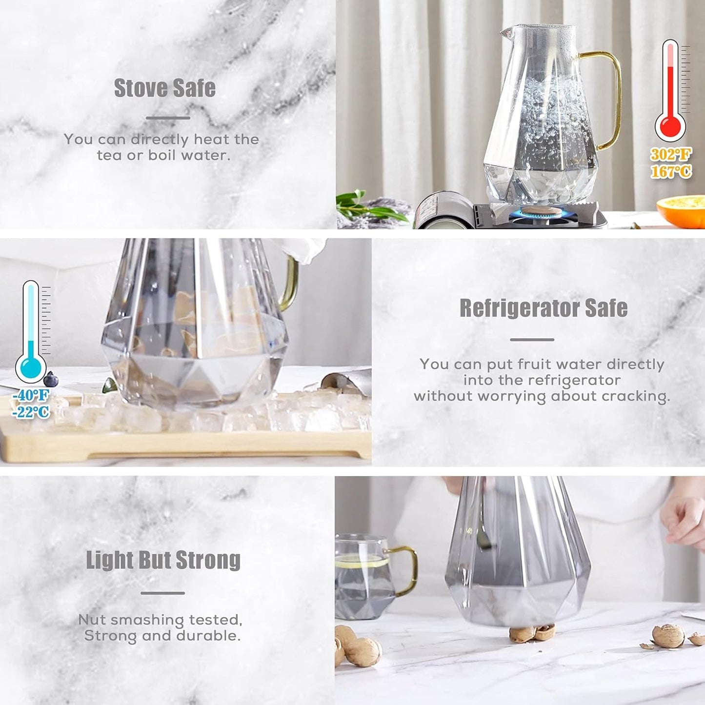 Black Diamond Glass Pitcher with Lid [68 Oz], Elegant Design Water Pitcher with Handle, for hot or cold.